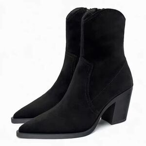 Zara Western Boots Womens Black Ankle Bootie Suede Block Heels 38/8